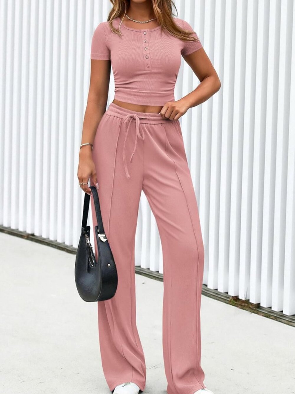PRETTYGARDEN Ribbed 2 Piece Set Pink XL